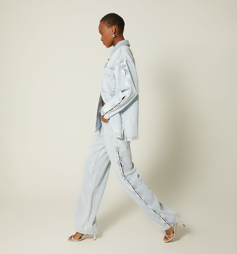 Jean recto tiro alto cristales costado