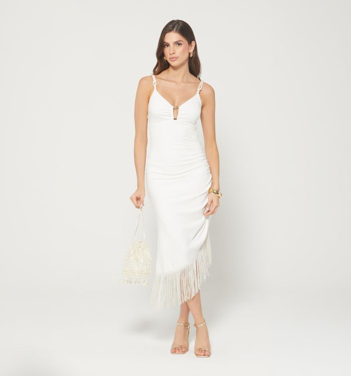 Vestido largo asimetrico con flecos