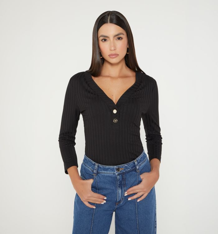 Blusa en rib escote en v manga 3/4