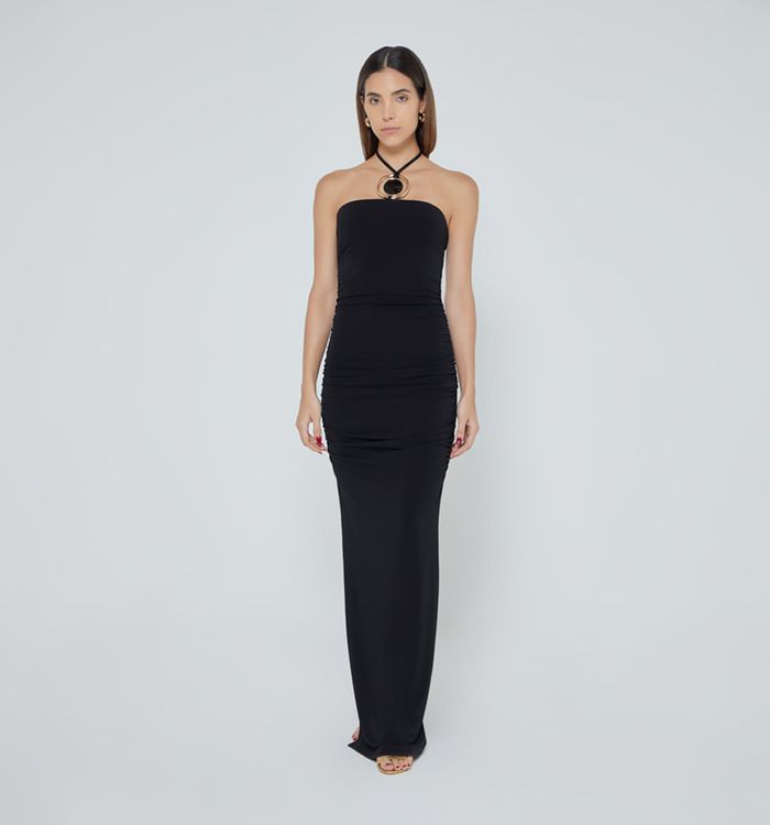 Vestido largo drapeado tira con herraje