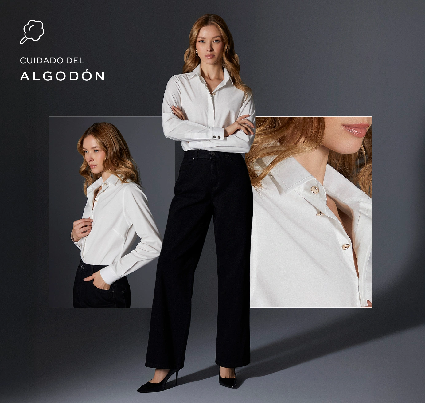 Mujer con camisa blanca de algodón y pantalón negro, look formal elegante