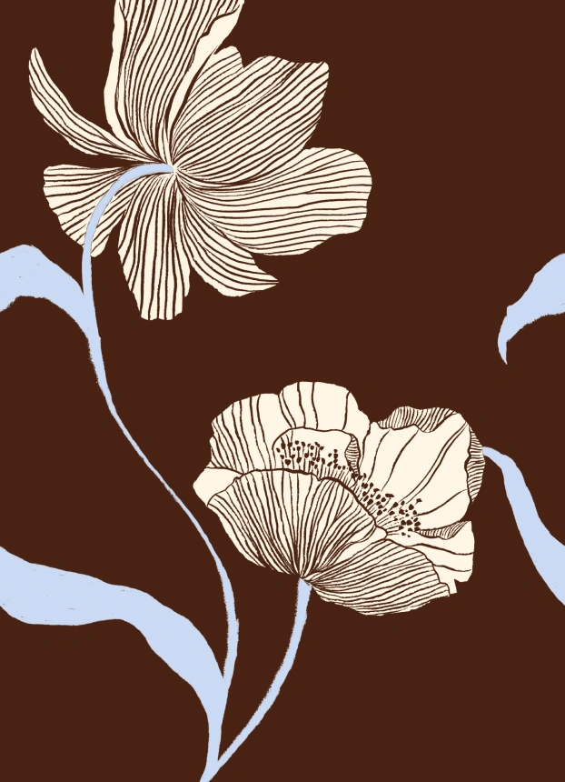Composición del proceso de creación de un estampado floral, desde la ilustración hasta el corte y la confección.