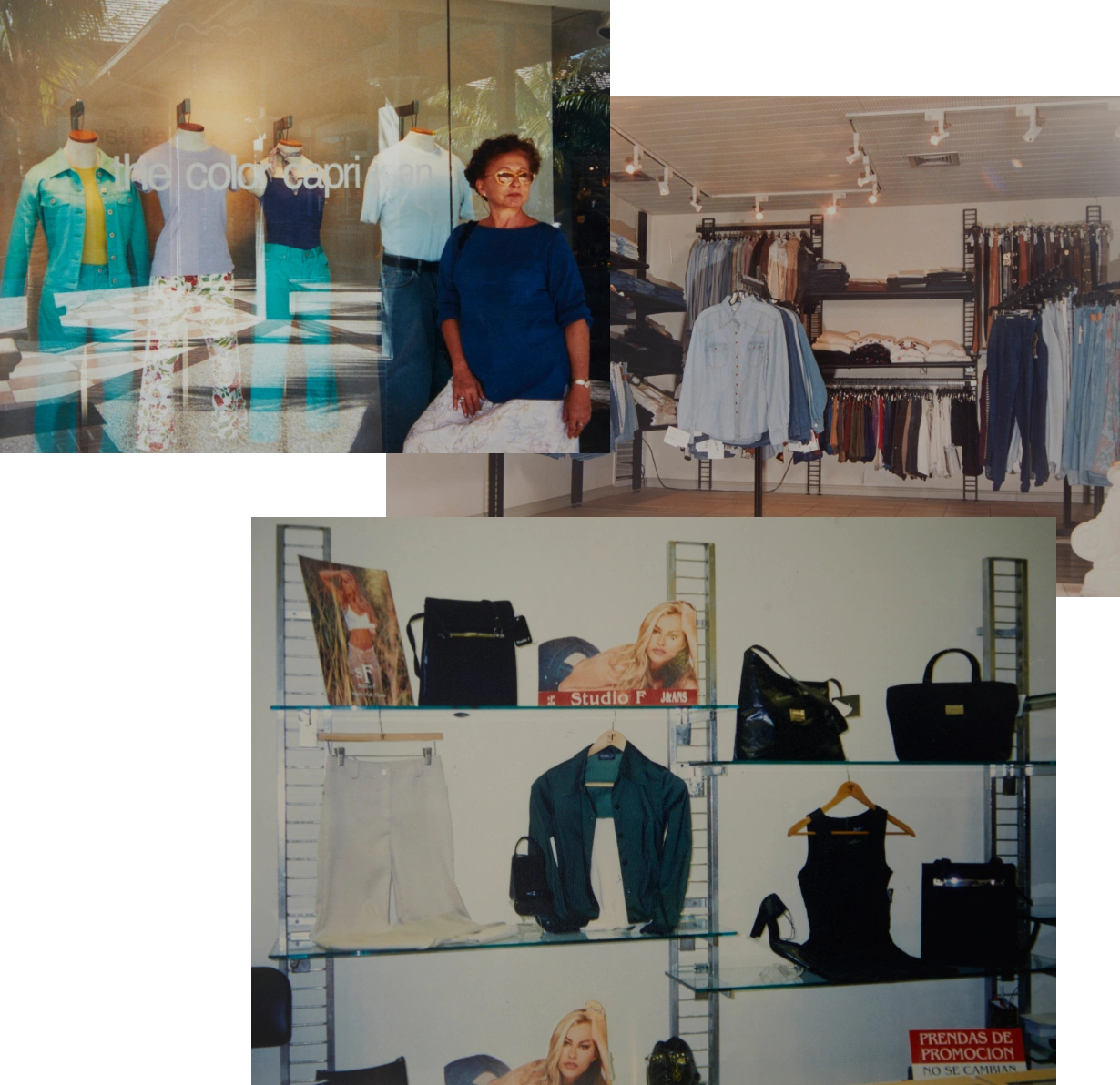 Expansión de Studio F en los 80 Vitrinas, prendas y espacios comerciales que representan la expansión de Studio F y su evolución en la moda de los años 80.