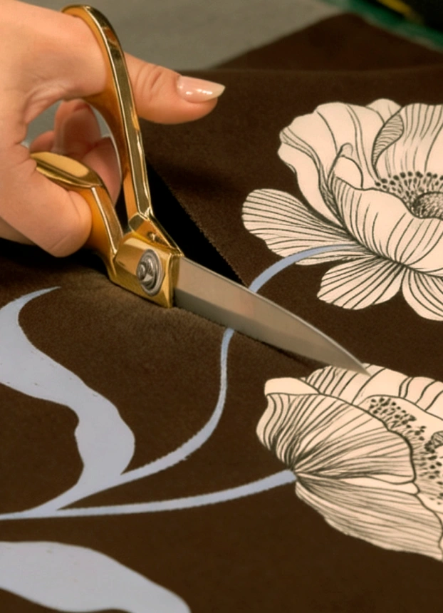 Composición del proceso de creación de un estampado floral, desde la ilustración hasta el corte y la confección.