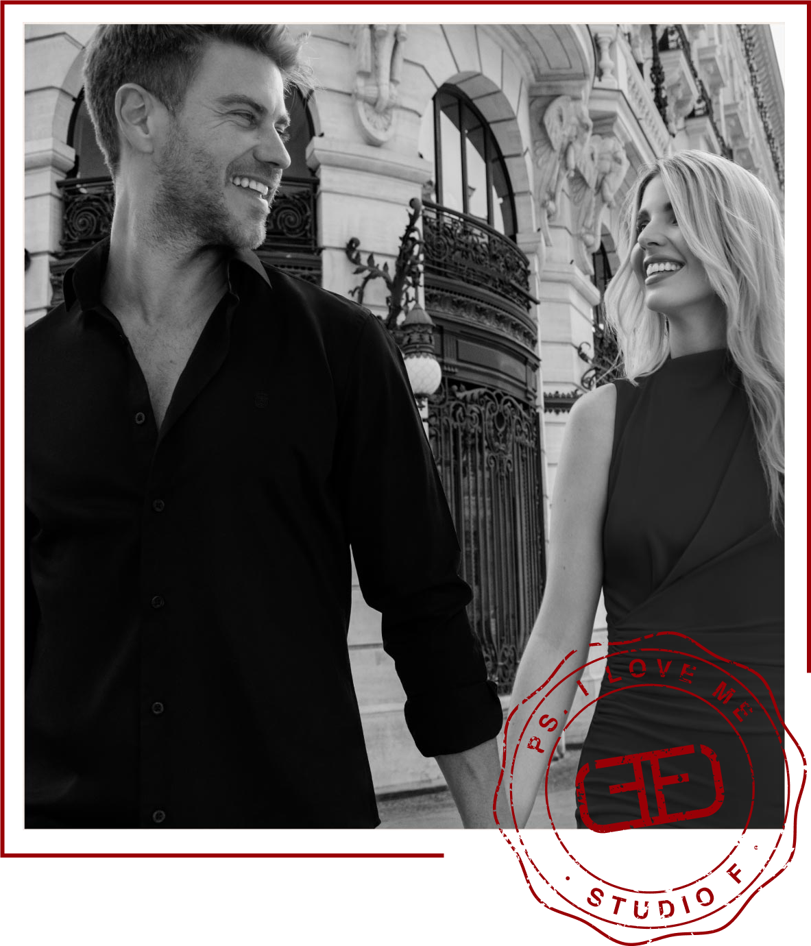 Pareja sonriendo, hombre con camisa negra manga larga y mujer con vestido negro, look elegante para Amor y Amistad Studio F