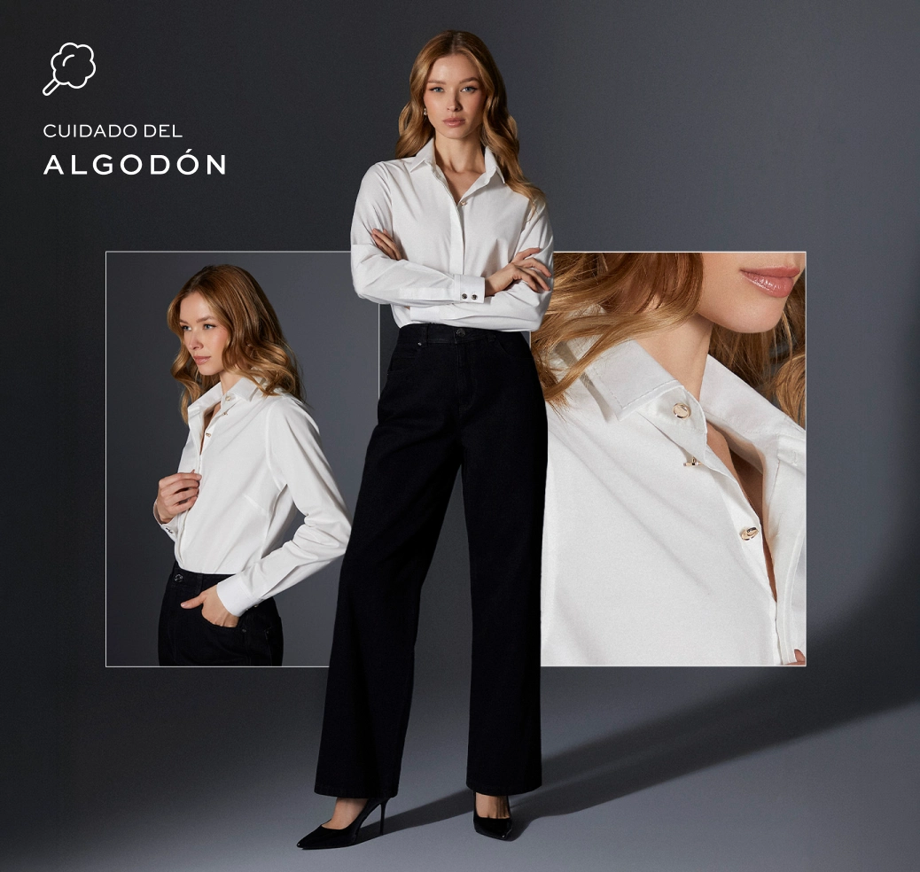 Mujer con camisa blanca de algodón y pantalón negro, look formal elegante